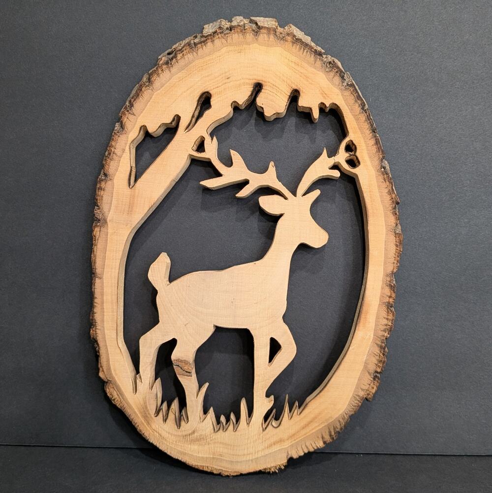 Rustic Laser Cut Wood Slice Art Buck Deer Forest Scene Cabin Decor Live Edge
